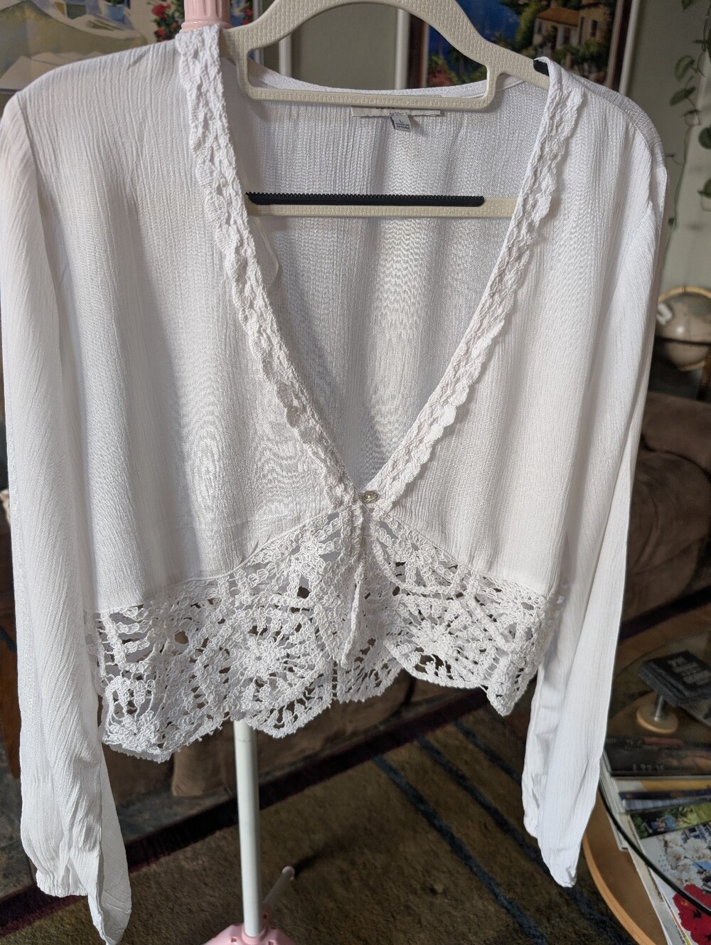 Love Tree White Crochet Lace Sheer Open Front Cardigan Cover Up Large